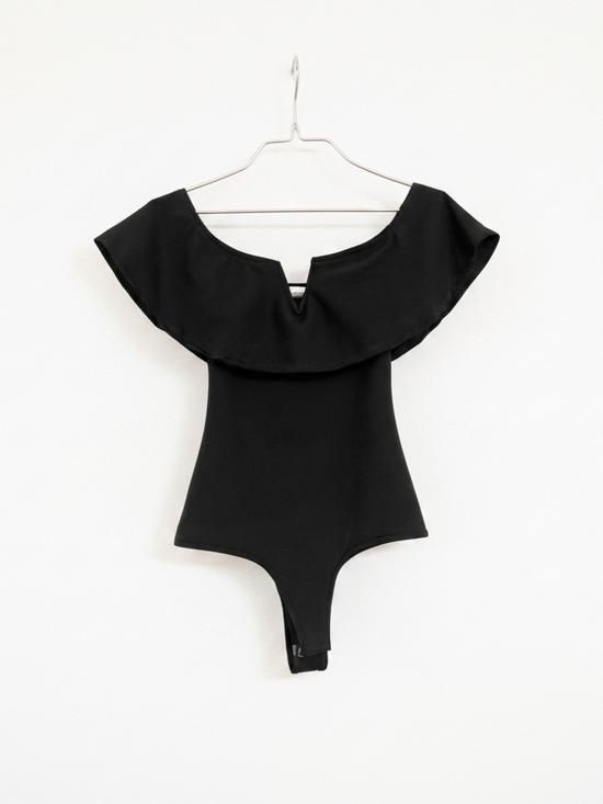 Marci Tops - Black Off-Shoulder Ruffle Bodysuit‎ with Notch Detail